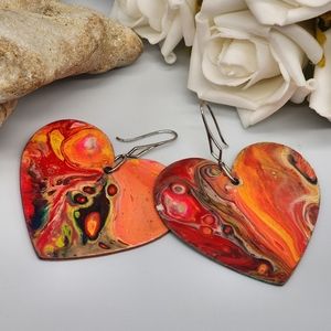 SALE/ Large Heart Silver Hooks Earrings Red Handpainted